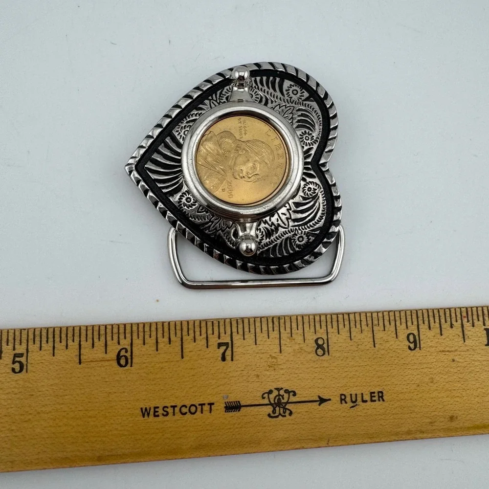 Belt Buckle Silver Tone Heart Sacagawea Coin Western Scroll Excellent